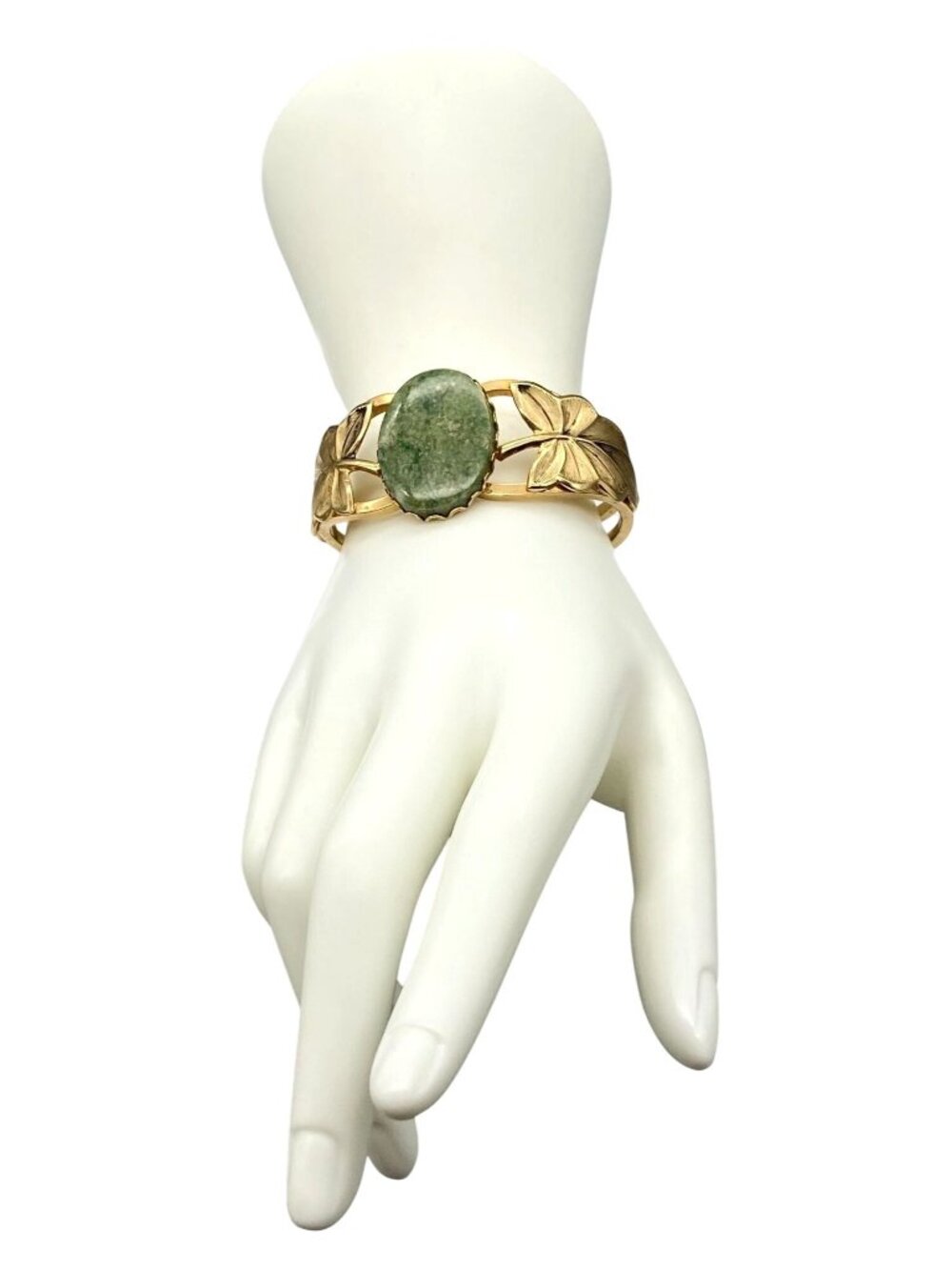 Vintage Jade Hinged Cuff Bracelet with Gold Tone Leaves, 1970s Clamper Statement